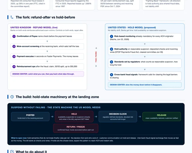 Fraud policy creates two different payment architectures: refund or hold visual preview