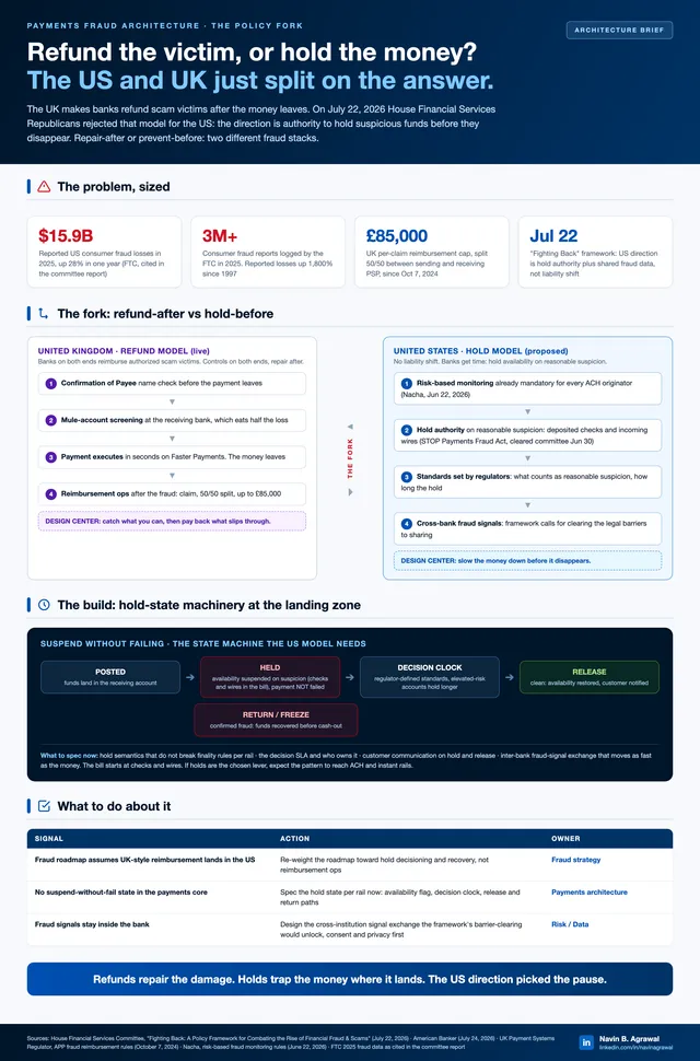 Fraud policy creates two different payment architectures: refund or hold