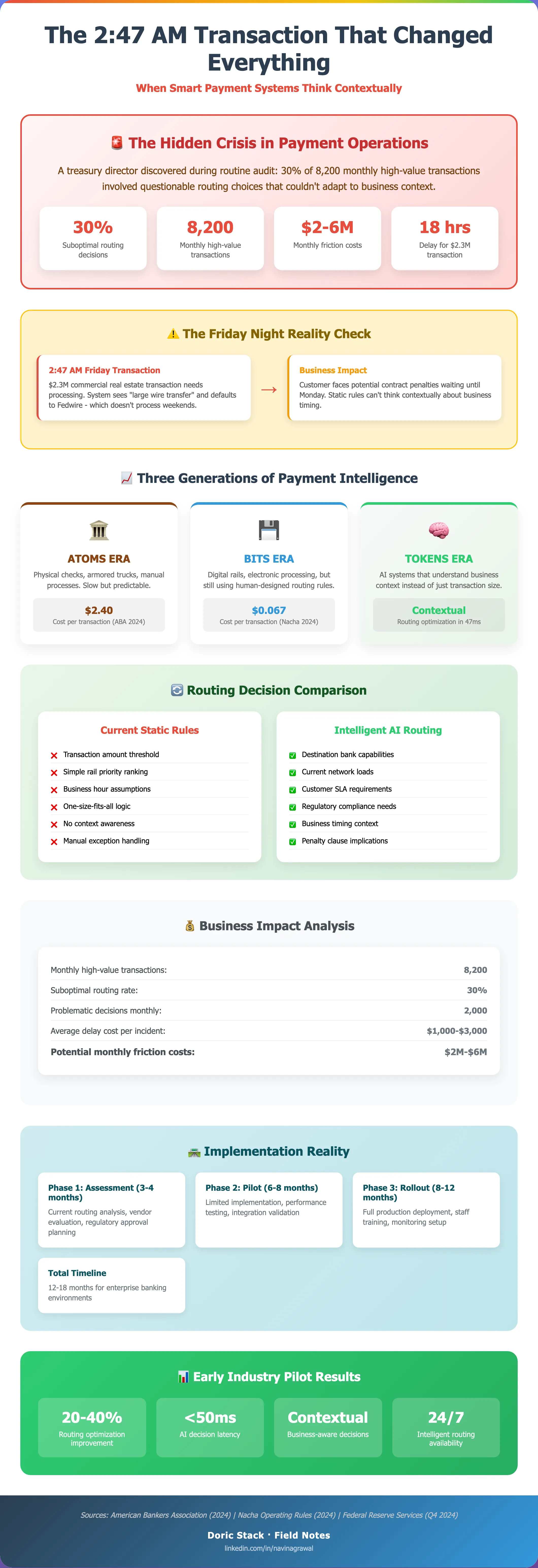 Payment routing optimization architecture showing intent capture, rail eligibility, scoring, execution, and audit feedback